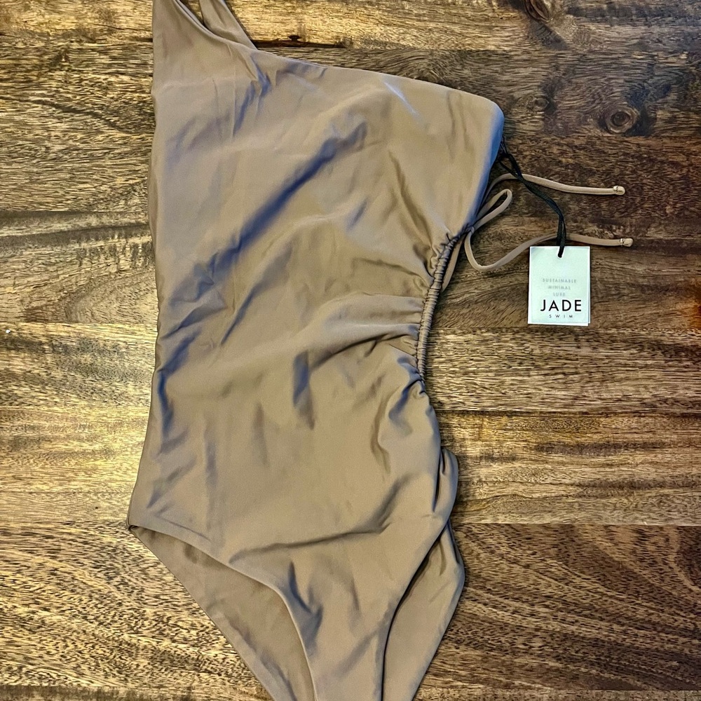 Jade Swim Ruched One-Shoulder Swimsuit in Nude (Matte)